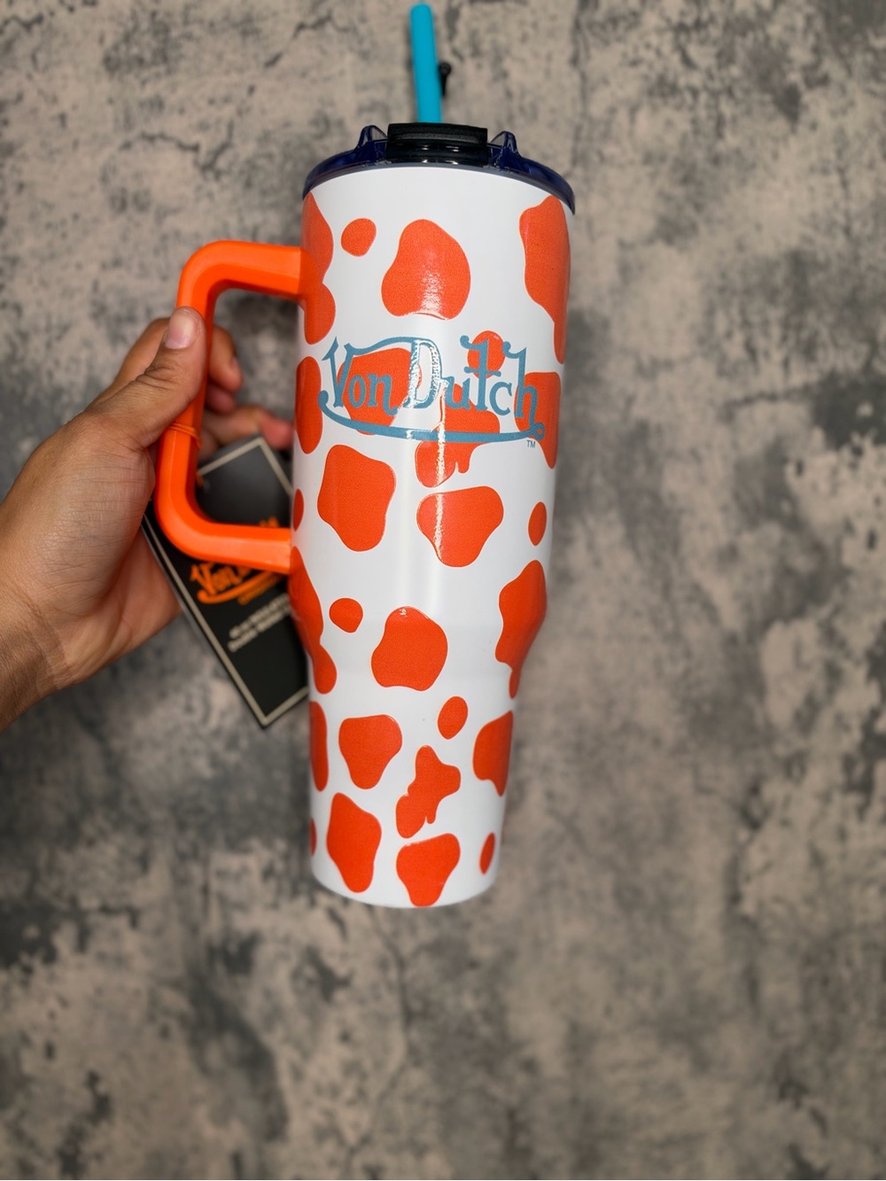 Von Dutch Orange Cow Print 40 oz Tumbler with Handle & Straw – New with Tags